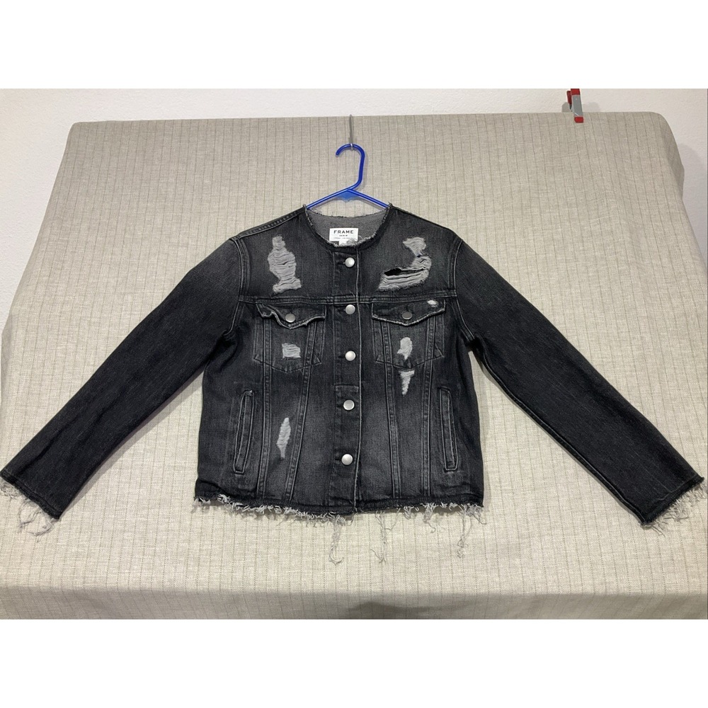 Frame Collarless Distressed Black Denim Jacket Medium